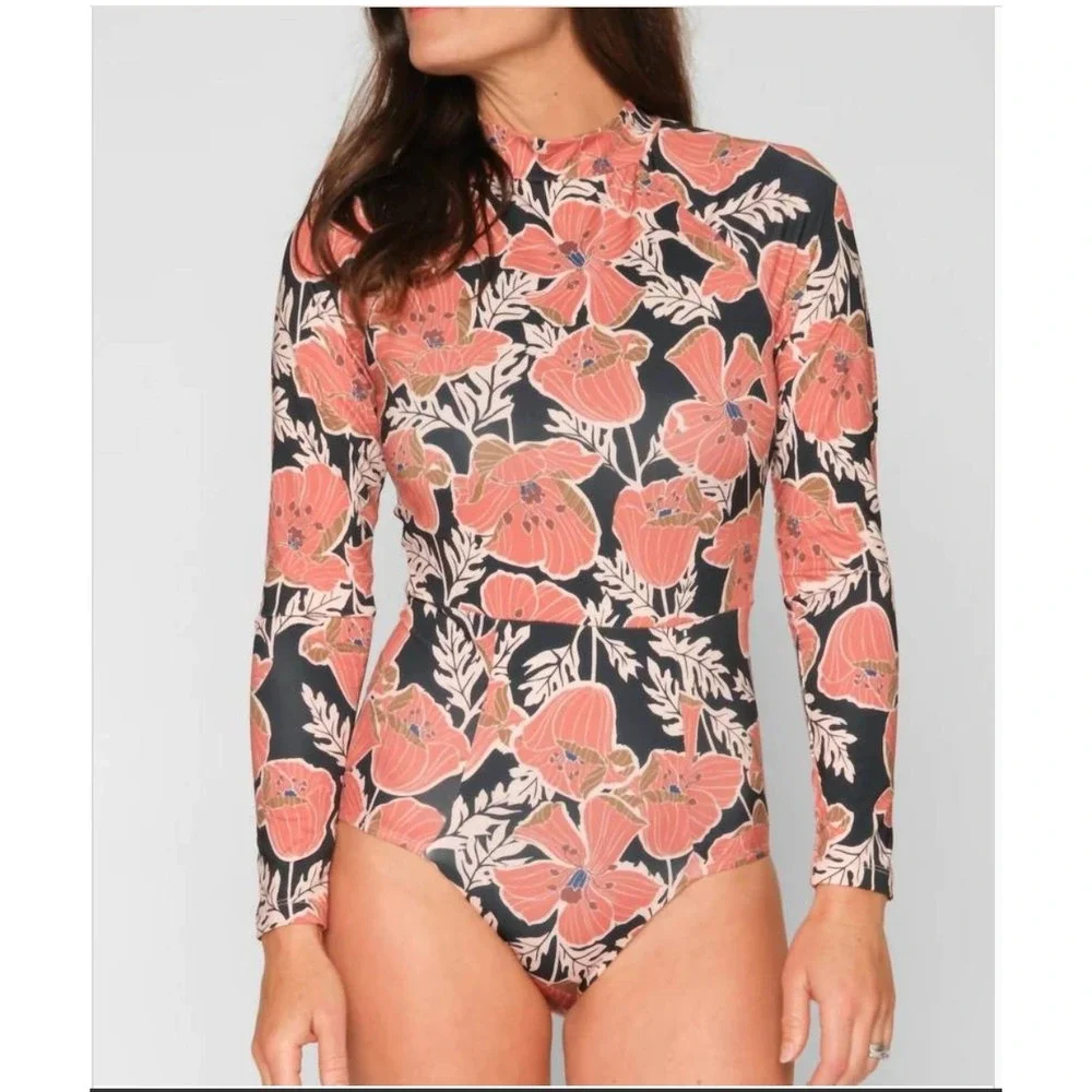 Seea Coral Floral Long Sleeve One-Piece Swimsuit - Black Background